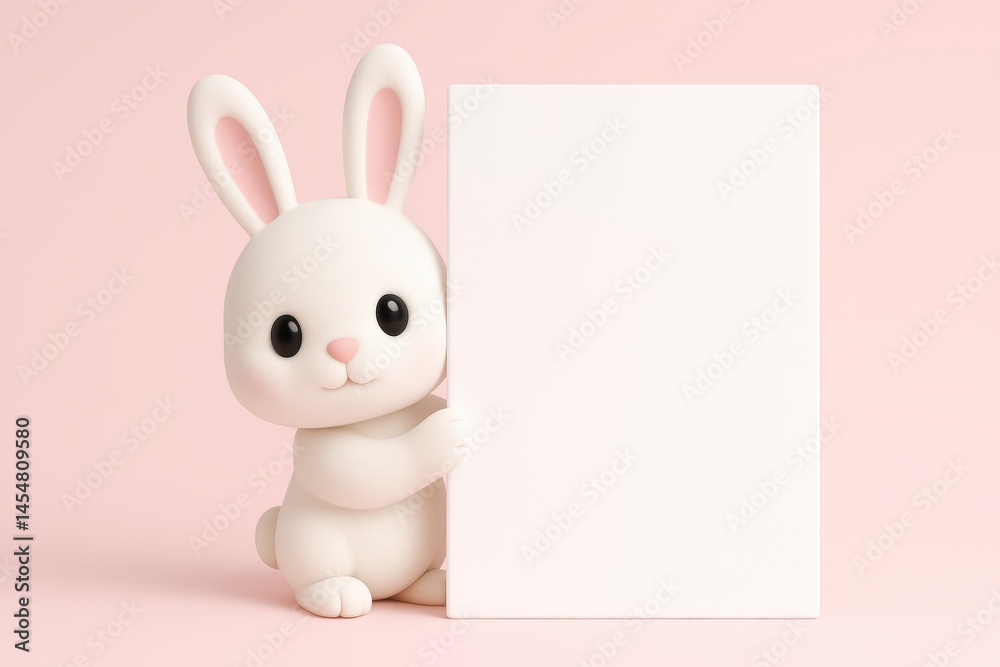 Obraz premium Cute Bunny Character Holding Blank Sign on Soft Pink Background