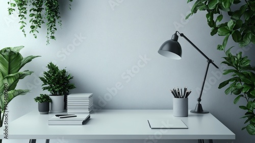 Workspace setup featuring potted plants, notebooks, pencils, books, and lamp, creating a serene office environment on a transparent background, PNG image, PNG file.
