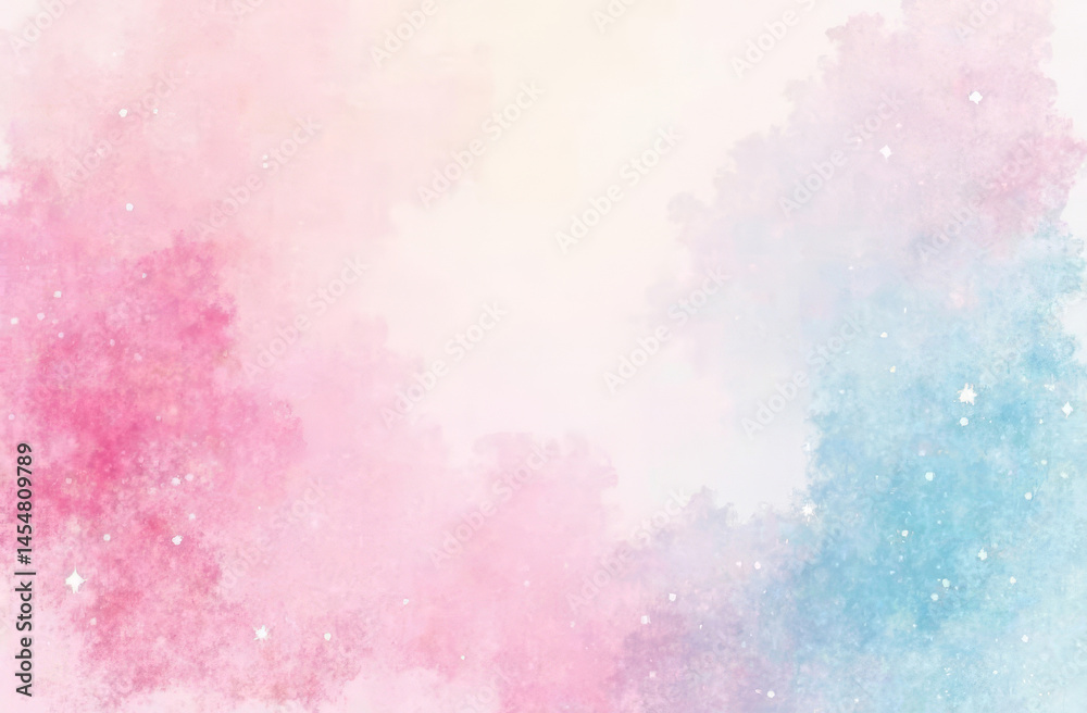 pastel pink and blue, beige background with watercolor streaks and small sequins, copy space