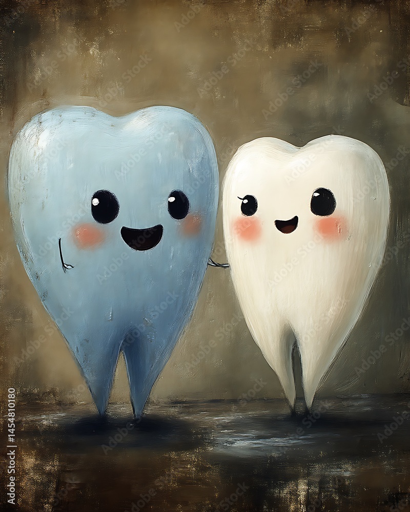 Obraz premium Two smiling cartoon teeth happily embracing each other gently