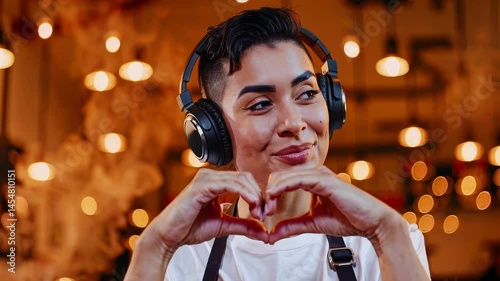 Smiling woman with short hair listening to music with headphones, making heart gesture with hands in cozy café