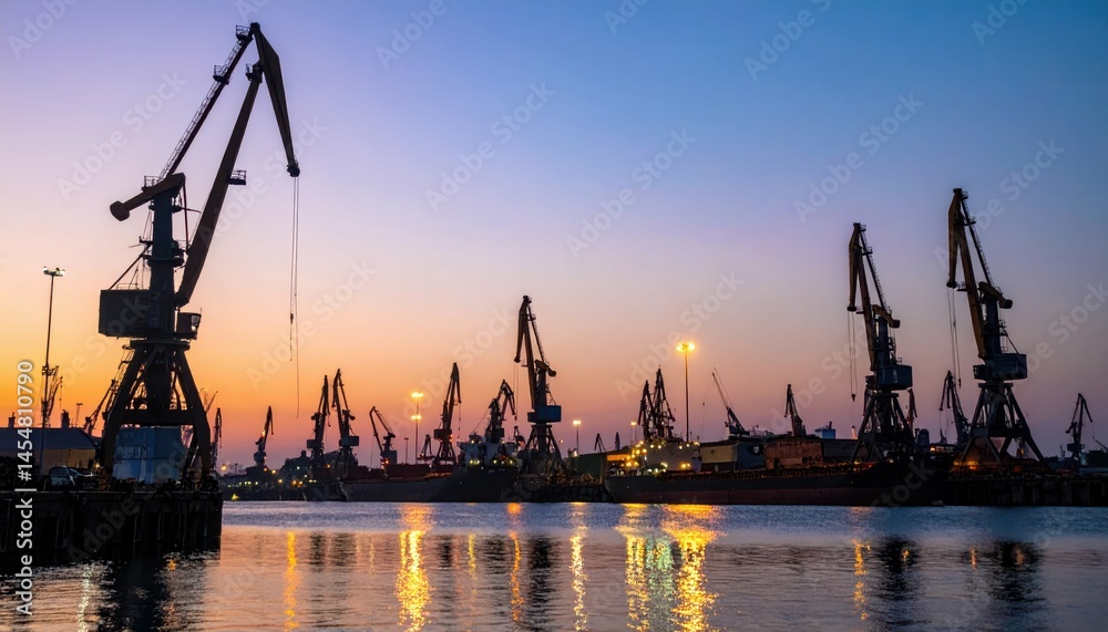 Obraz premium Sunset at a Busy Port with Cranes and Ships Silhouetted on Water
