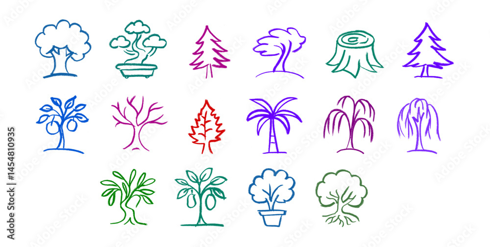Tree Crayon Chalk Drawing Vector Set Tree Crayon Chalk Drawing Vector Set