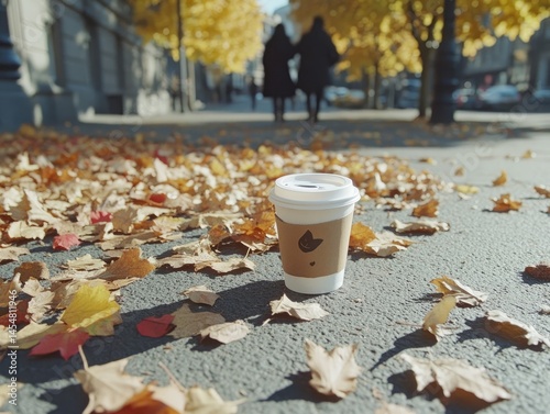 Autumnal sidewalk scene with coffee cup and fallen leaves.