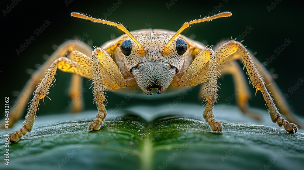 Naklejka premium Close-up of a light-brown insect on a green leaf, with detailed features and focus on its head and antennae
