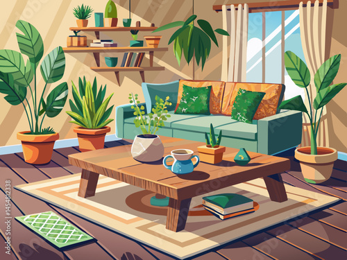 vector of Rustic wooden coffee table with potted plants in a cozy and neutral living room