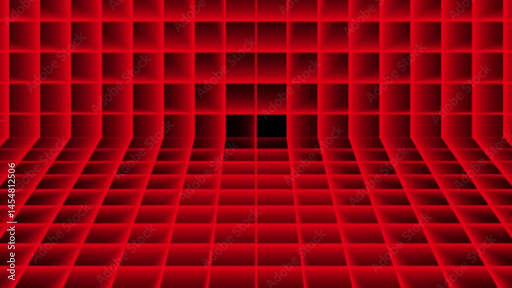 Futuristic red 3d grid tunnel with neon glow digital space animation