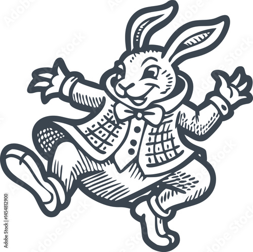 Anthropomorphic rabbit in Victorian clothing dancing joyfully, vintage black and white engraving style fantasy illustration with detailed fur texture

