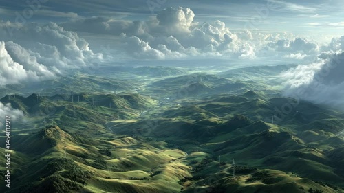 A serene vista of rolling hills, lush greenery, and dramatic clouds.  Gentle valleys are interspersed with wind turbines.  A breathtaking aerial view of nature's beauty