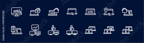 Remote Work Line Icons . Freelancer Work from Home, Video Call, Online Meeting, Teleconference Vector Set
