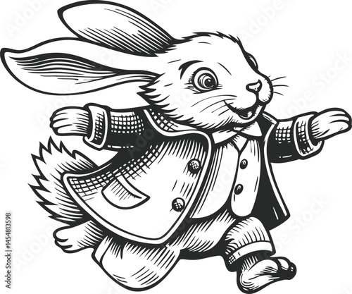 Anthropomorphic rabbit in Victorian clothing dancing joyfully, vintage black and white engraving style fantasy illustration with detailed fur texture

