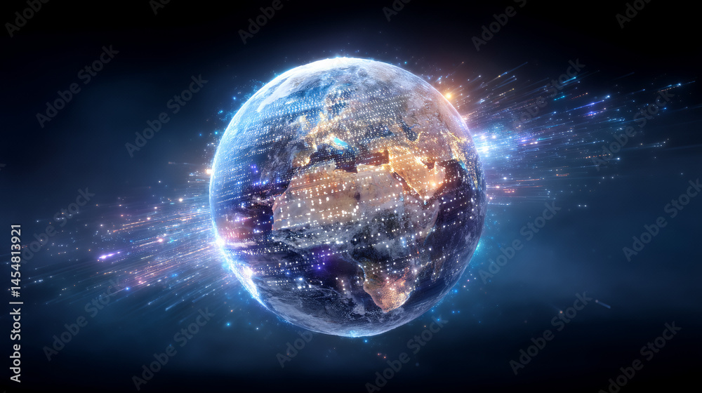 Fototapeta premium A glowing Earth surrounded by radiant digital light streaks in space, symbolizing global connectivity and technology.