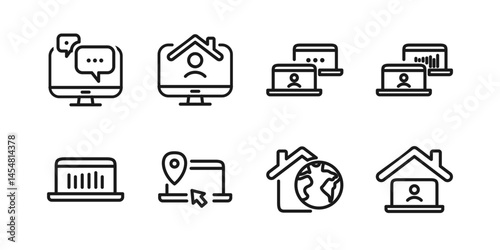 Remote Work Line Icons . Freelancer Work from Home, Video Call, Online Meeting, Teleconference Vector Set