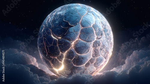 Mysterious Celestial Orb floating among the clouds and stars. This artwork portrays a captivating celestial body with a cracked surface that glows with an inner light.