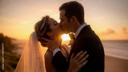 A newlywed couple kissing on a beach at sunset in golden light