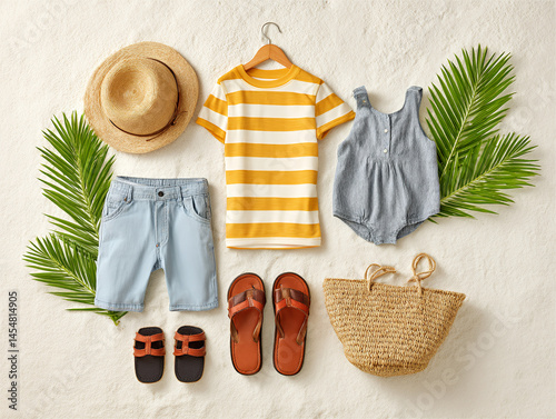 Summer outfits and accessories, including a striped t-shirt, shorts, sandals, romper, straw hat, bag, and palm leaves arranged on a light background.