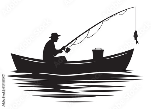 Silhouette Fishing Boat Illustration Vector Catching a Fish