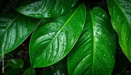 Top down view of tropical leaves gently hit by raindrops, shiny wet texture, rich green color, relaxing and fresh jungle atmosphere, nature background.