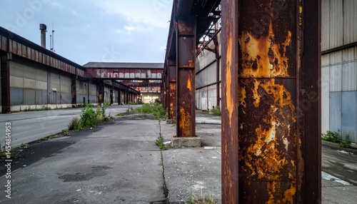 Abandoned Industrial Site with Rusted Pillars and Overgrown Pathways
