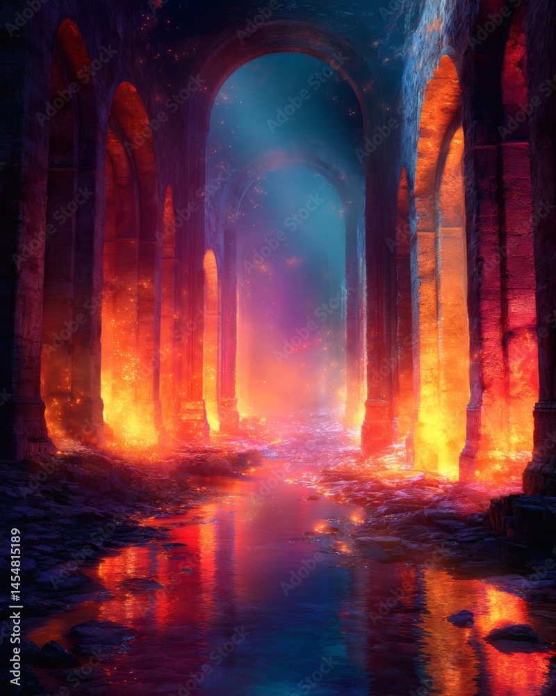 Naklejka premium A mysterious and magical path lined by glowing pillars leading to a glowing, vibrant blue sky with the reflection of glowing pillars in water. The water has an ethereal glow to it