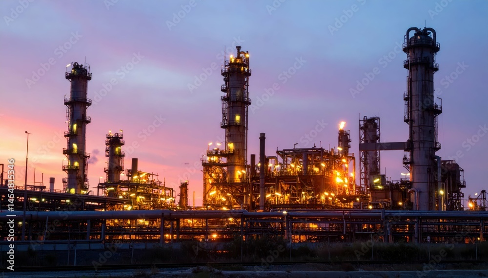 Fototapeta premium Industrial Complex with Bright Lights at Sunset Against Colorful Sky