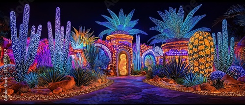 Surreal landscape where plants emit bioluminescent light patterns illuminating the environment in vivid colors The plants glow softly casting ethereal light across the dreamlike scene