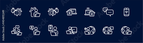 Remote Work Line Icons . Freelancer Work from Home, Video Call, Online Meeting, Teleconference Vector Set