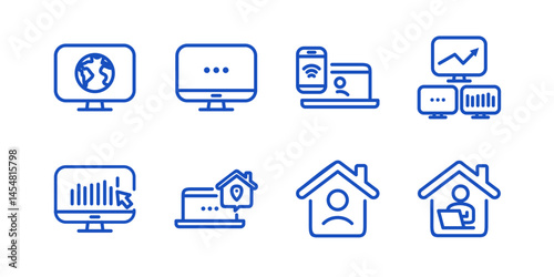 Remote Work Line Icons . Freelancer Work from Home, Video Call, Online Meeting, Teleconference Vector Set
