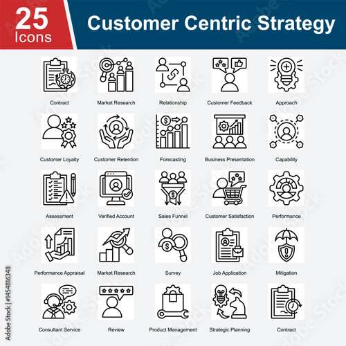 Customer Centric Strategy is a collection of icons focusing on strategies and processes that prioritize customer relationships, loyalty, retention, and satisfaction to improve business performance and