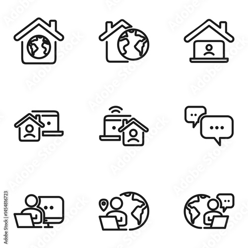 Remote Work Line Icons . Freelancer Work from Home, Video Call, Online Meeting, Teleconference Vector Set
