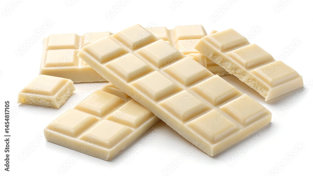 Pieces of White Chocolate Bar with Broken Segments and Squares on White Background Pieces of White Chocolate Bar with Broken Segments and Squares on White Background