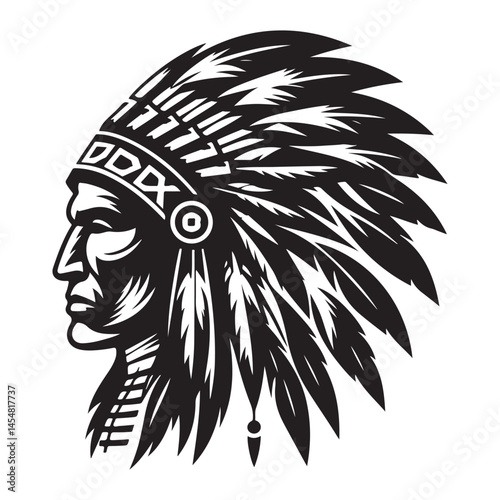 Native American Indian Chief Head Silhouette with Feather Headdress Vector
