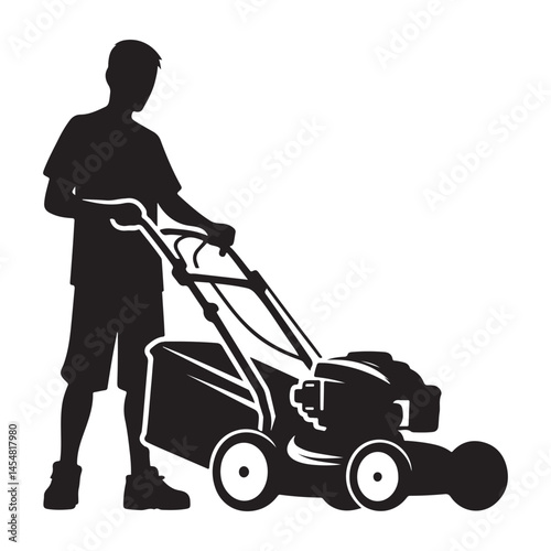 Silhouette Man Mowing Lawn Vector Illustration for Yard Care Services