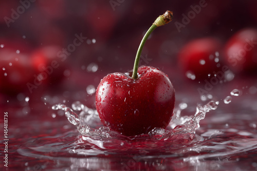 A fresh red cherry splashing into water, surrounded by water drops. Summer freshness