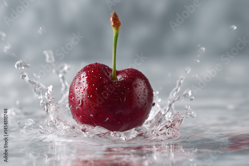 A fresh red cherry splashing into water, surrounded by water drops. Summer freshness