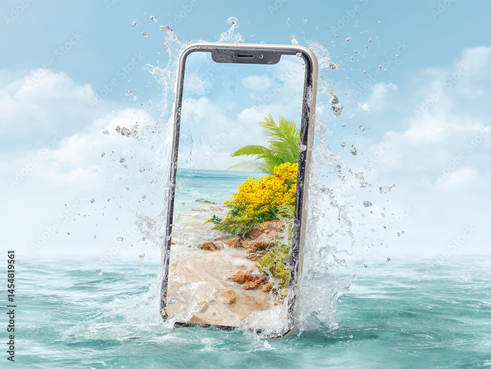 A smartphone emerges from water, displaying a tropical beach scene with plants and bright skies, blending digital and natural worlds.