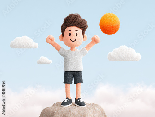 Obraz na płótnie Cheerful cartoon boy stands triumphantly on a rock under a sunny sky with fluffy clouds. w salonie