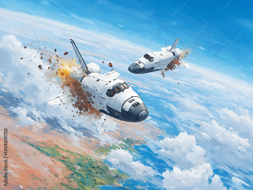 Two space shuttles fly through the atmosphere above Earth, with one experiencing an explosion mid-flight.