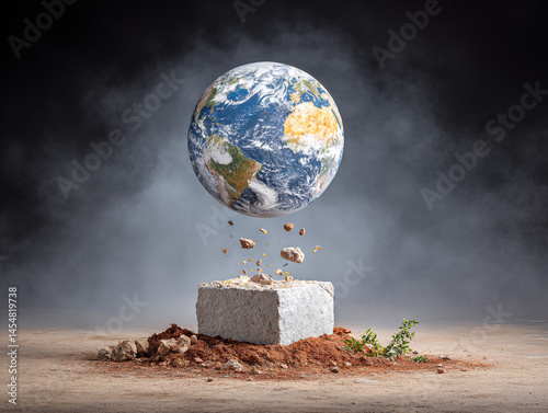 Obraz na płótnie A floating Earth hovers above a cracked stone block, with debris suspended in mid-air, set against a dramatic, smoky background. w salonie