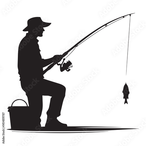 Fisherman silhouette with caught fish enjoying outdoor recreational activities