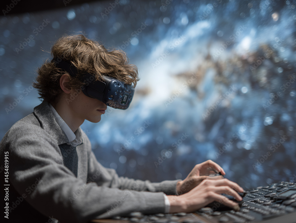 A young person uses a virtual reality headset and keyboard, immersed in a digital space scene with stars and galaxies in the background.