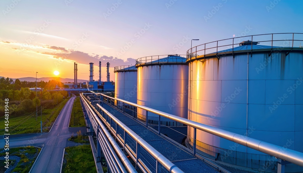 Fototapeta premium Industrial Facility at Sunset with Storage Tanks and Pipelines