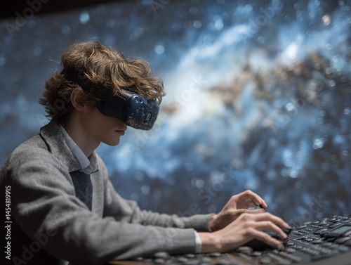 Obraz na płótnie A young person uses a virtual reality headset and keyboard, immersed in a digital space scene with stars and galaxies in the background. w salonie