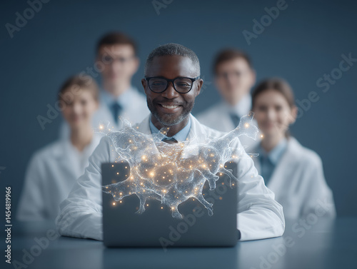 Obraz na płótnie A diverse team of scientists in lab coats smiles behind a laptop with a neural network hologram, symbolizing innovation and technology. w salonie