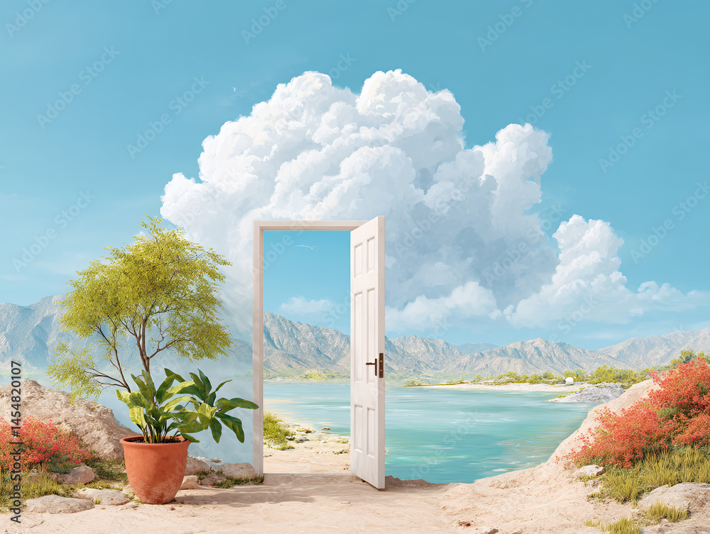 An open door stands in a surreal landscape, revealing a scenic lake, mountains, and a clear sky with fluffy clouds.