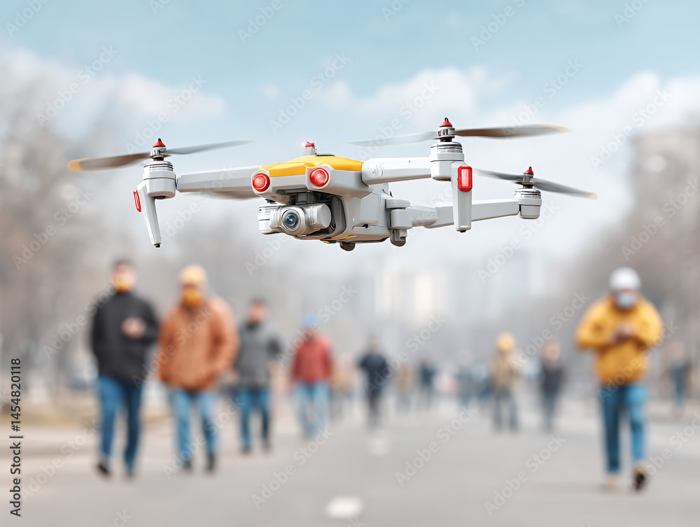 A quadcopter drone hovers in a city street, with people walking in the blurred background.