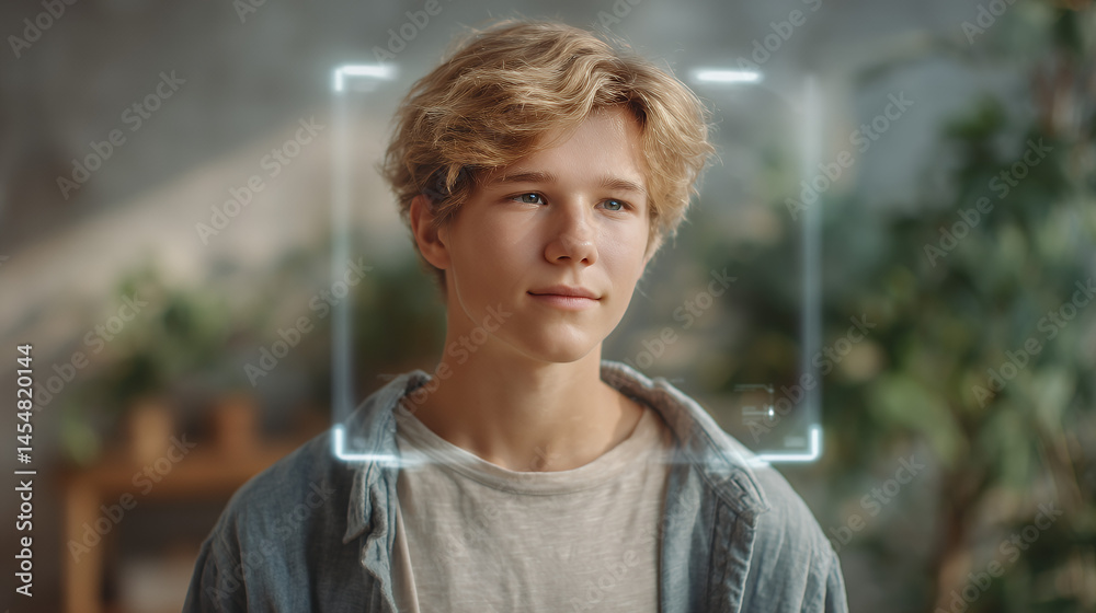 A young person with blonde hair stands indoors, framed by a digital facial recognition overlay, suggesting modern technology and identity themes.