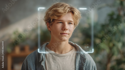 Obraz na płótnie A young person with blonde hair stands indoors, framed by a digital facial recognition overlay, suggesting modern technology and identity themes. w salonie