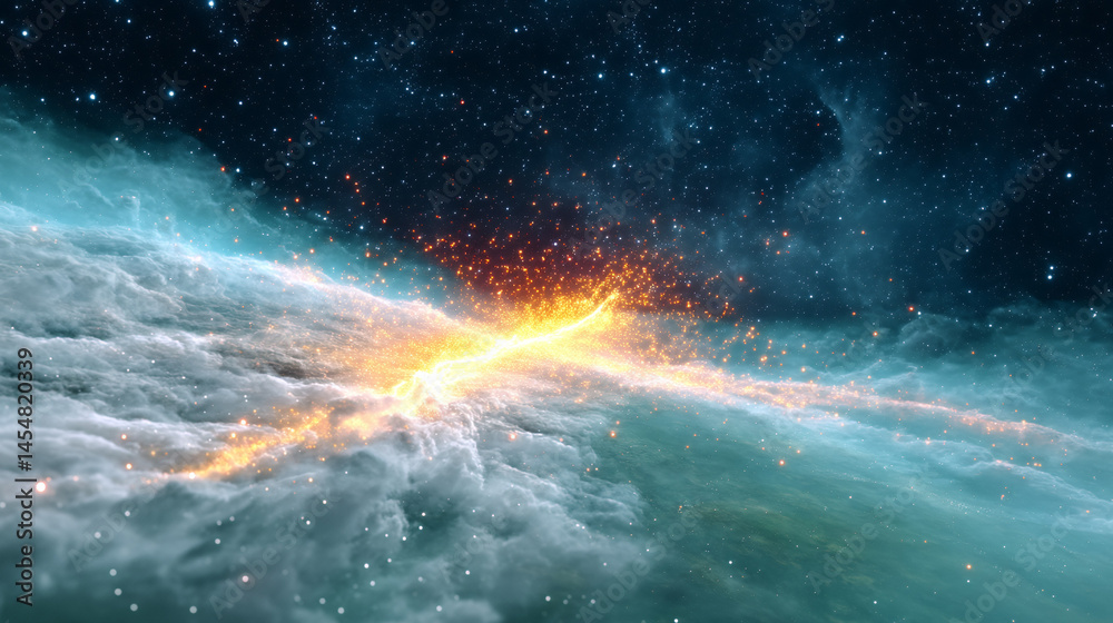 A cosmic explosion with bright light and clouds, set against a star-filled universe.