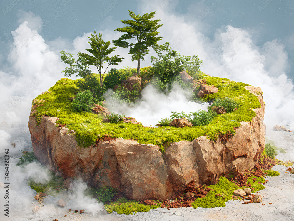 A floating rocky island covered with green moss and trees, surrounded by mist and clouds, creating a surreal, isolated natural scene.